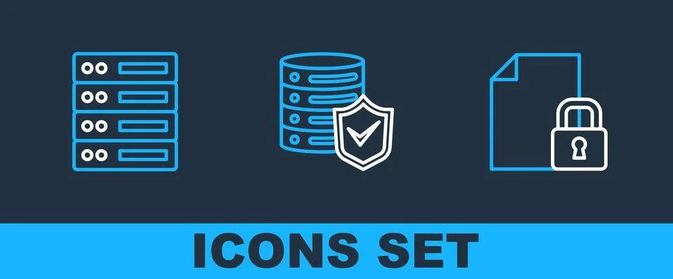Set line Document and lock, Server, Data, Web Hosting and with shield icon Stock Illustration