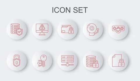 Set line Document and lock, Lock, Folder, Server security with, shield, Monitor Illustrazione stock