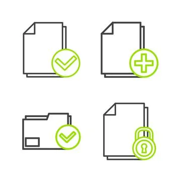 Set line Document and lock, folder check mark, Add new file and icon. Vector Illustrazione stock