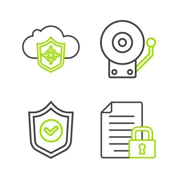 Set line Document and lock, Shield with check mark, Ringing alarm bell and Cloud Illustrazione stock