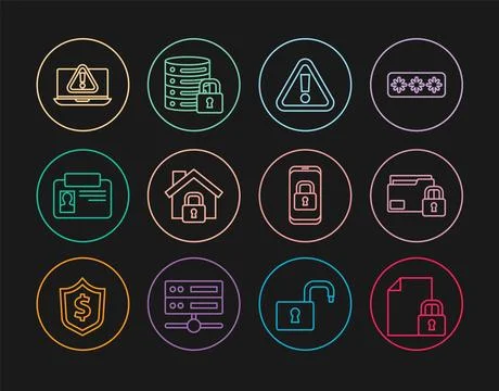 Set line Document and lock, Folder, Exclamation mark in triangle, House under Stock Illustration