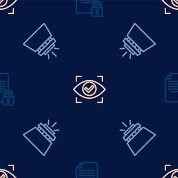 Set line Document and lock, Fire sprinkler system and Eye scan on seamless Illustrazione stock