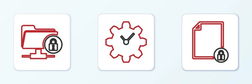 Set line Document and lock, FTP folder and Time Management icon. Vector Ilustración de archivo