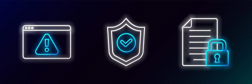 Set line Document and lock, Browser with exclamation mark and Shield check icon イラスト素材