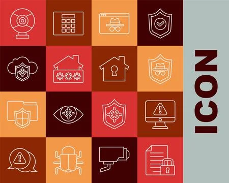 Set line Document and lock, Monitor with exclamation mark, Incognito mode Illustrazione stock