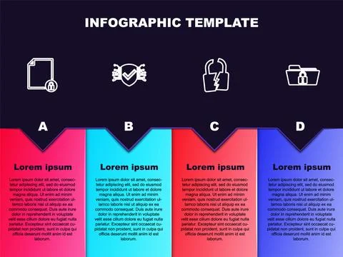 Set line Document and lock, Cyber security, Broken or cracked and Folder Illustrazione stock