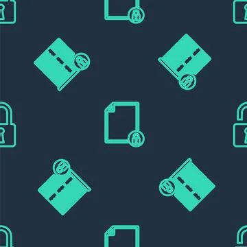 Set line Document and lock, Server security with and Open padlock on seamless Illustrazione stock