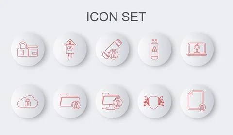 Set line Document and lock, Cloud computing, USB flash drive with, Cyber 스톡 일러스트