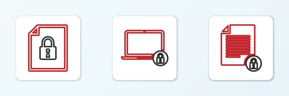 Set line Document and lock, and Laptop icon. Vector Stock Illustration