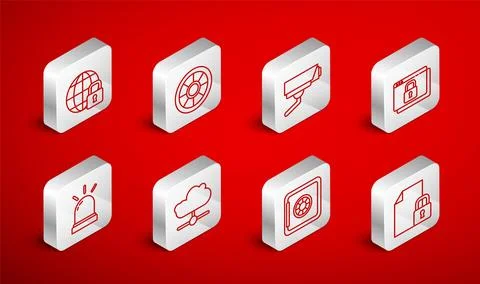 Set line Document and lock, Safe, Security camera, Secure your site with HTTPS Ilustração Stock