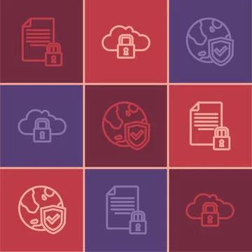 Set line Document and lock, Shield with world globe and Cloud computing icon Illustrazione stock