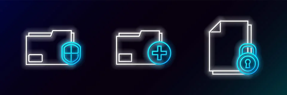 Set line Document and lock, folder protection and Add new icon. Glowing neo.. Illustrazione stock