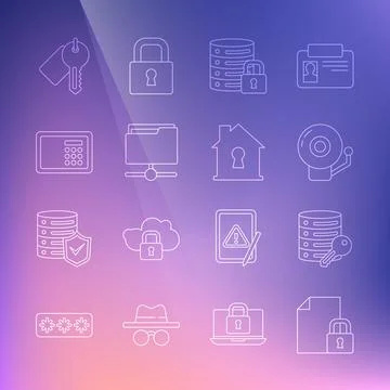 Set line Document and lock, Server security with key, Ringing alarm bell, FTP Stock Illustration