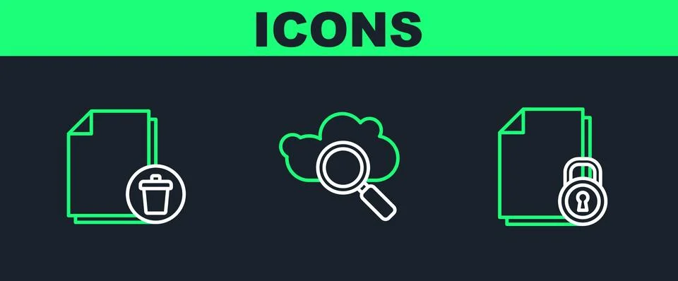 Set line Document and lock, Delete file document and Search cloud computing.. Stock Illustration