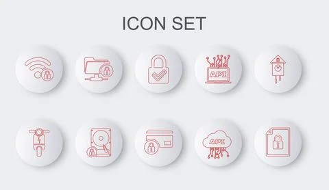 Set line Document and lock, Electric scooter, Lock check mark, Cloud api in.. Stock Illustration