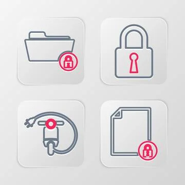 Set line Document and lock, Electric scooter, Lock and Folder icon. Vector Illustrazione stock