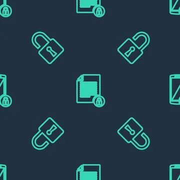 Set line Document and lock, Open padlock and Smartphone with on seamless patt 스톡 일러스트