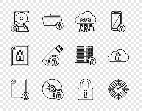 Set line Document and lock, Time Management, Cloud api interface, CD or DVD.. Stock Illustration