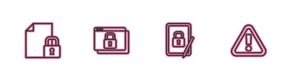 Set line Document and lock, Tablet with closed padlock, Secure your site HT.. 库存插图