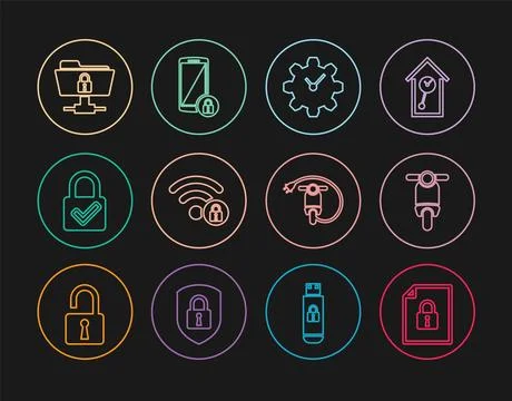 Set line Document and lock, Scooter, Time Management, Wifi locked, Lock che.. Stock Illustration