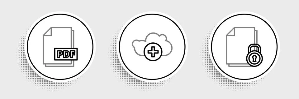 Set line Document and lock, PDF file document and Add cloud icon. Vector Ilustración de archivo