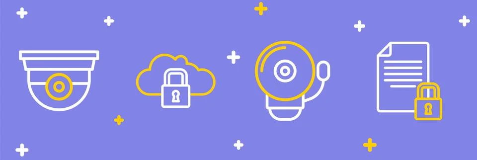 Set line Document and lock, Ringing alarm bell, Cloud computing and Securit.. Stock Illustration