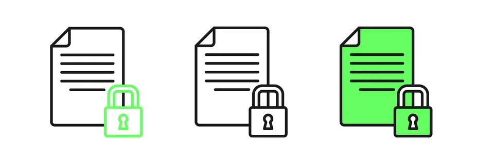 Set line Document and lock icon isolated on white background. File format a.. Illustrazione stock