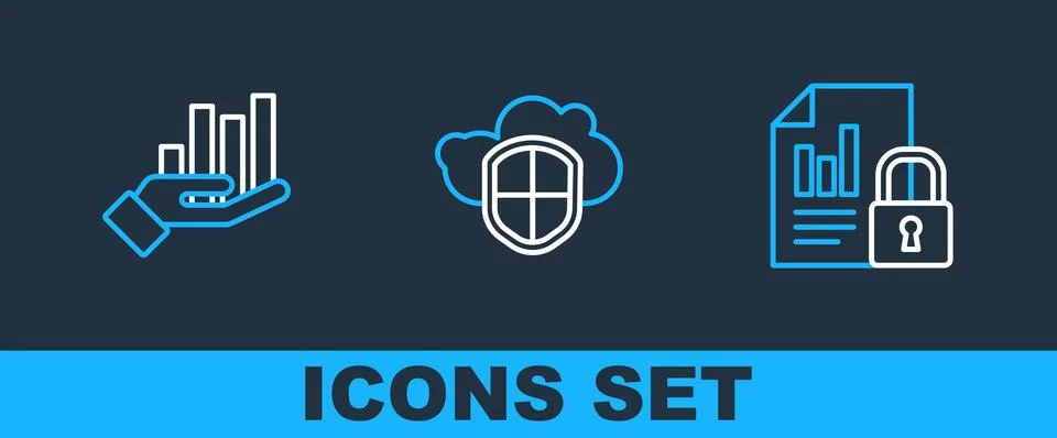 Set line Document and lock, Pie chart infographic and Cloud shield icon. Vect Stock Illustration