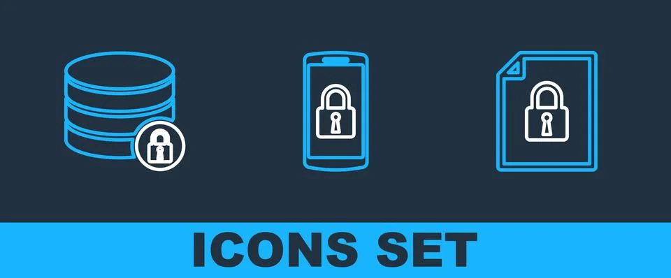 Set line Document and lock, Server security with and Smartphone icon. Vector Stock Illustration