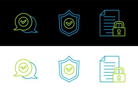 Set line Document and lock, Check mark in speech bubble and Shield with che.. Illustrazione stock