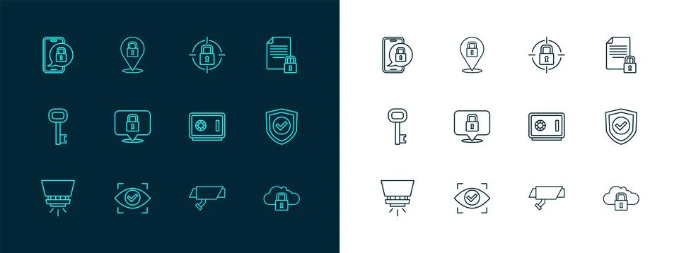 Set line Document and lock, Eye scan, Safe, Security camera, Lock, Mobile w.. Illustrazione stock