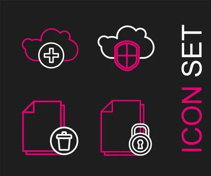 Set line Document and lock, Delete file document, Cloud shield and Add clou.. Illustrazione stock