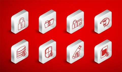 Set line Document and lock, Folder, Credit card with, Electric scooter, USB.. Illustrazione stock