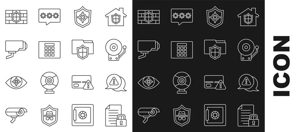 Set line Document and lock, Exclamation mark in triangle, Ringing alarm bel.. Illustrazione stock