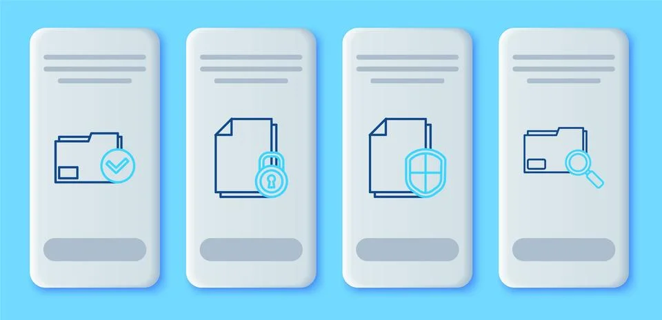 Set line Document and lock, protection concept, folder check mark and Searc.. Illustrazione stock