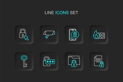 Set line Document and lock, Folder, Cyber security, Old key, Firewall, wall.. Stock Illustration