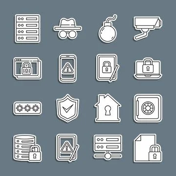 Set line Document and lock, Safe, Laptop, Bomb ready explode, Mobile with e.. Ilustración de archivo