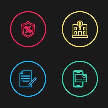 Set line Document and pen, Mobile banking, Bank building and Loan percent icon Ilustración de archivo