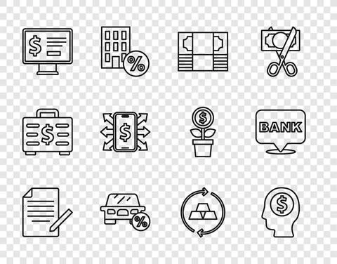 Set line Document and pen, Business man planning mind, Stacks paper money cash Stock Illustration