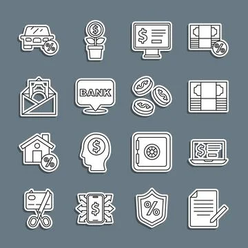 Set line Document and pen, Laptop with dollar, Stacks paper money cash, Monitor 库存插图