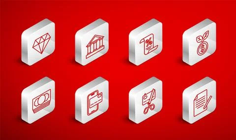 Set line Document and pen, Bank building, Finance document, Dollar plant Ilustración de archivo