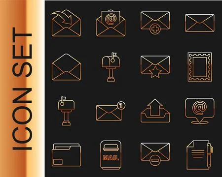 Set line Document and pen, Mail e-mail on speech bubble, Postal stamp, Receiv Illustrazione stock