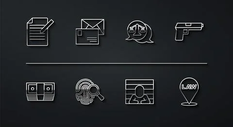 Set line Document and pen, Bribe money cash, Pistol or gun, Prisoner イラスト素材