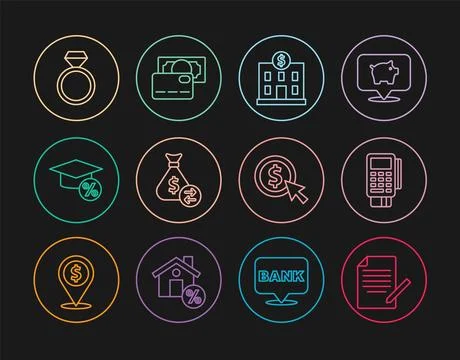 Set line Document and pen, POS terminal with credit card, Bank building, Money Ilustración de archivo