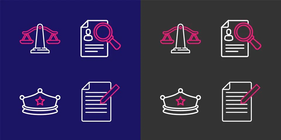 Set line Document and pen, Police cap with cockade, Paper analysis magnifyi.. Stock Illustration