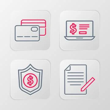 Set line Document and pen, Shield with dollar, Laptop and Credit card icon... Illustrazione stock