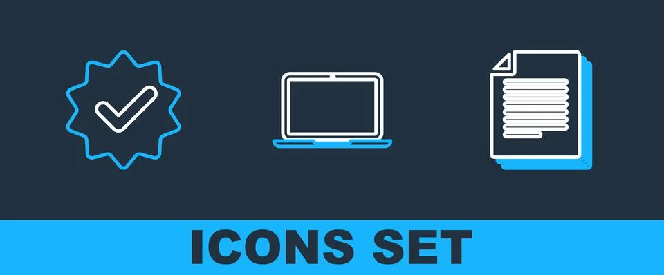Set line Document, Approved and check mark and Laptop icon. Vector イラスト素材
