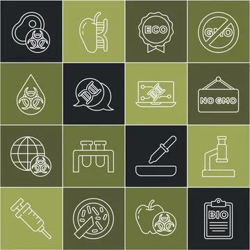 Set line Document for bio healthy food, Microscope, No GMO, Label eco, DNA .. Illustrazione stock