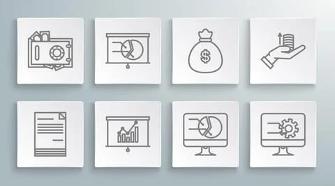 Set line Document, Board with graph chart, Computer monitor, Money bag, hand and Illustrazione stock