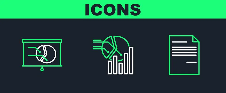 Set line Document, Board with graph chart and Pie infographic icon. Vector Stock Illustration